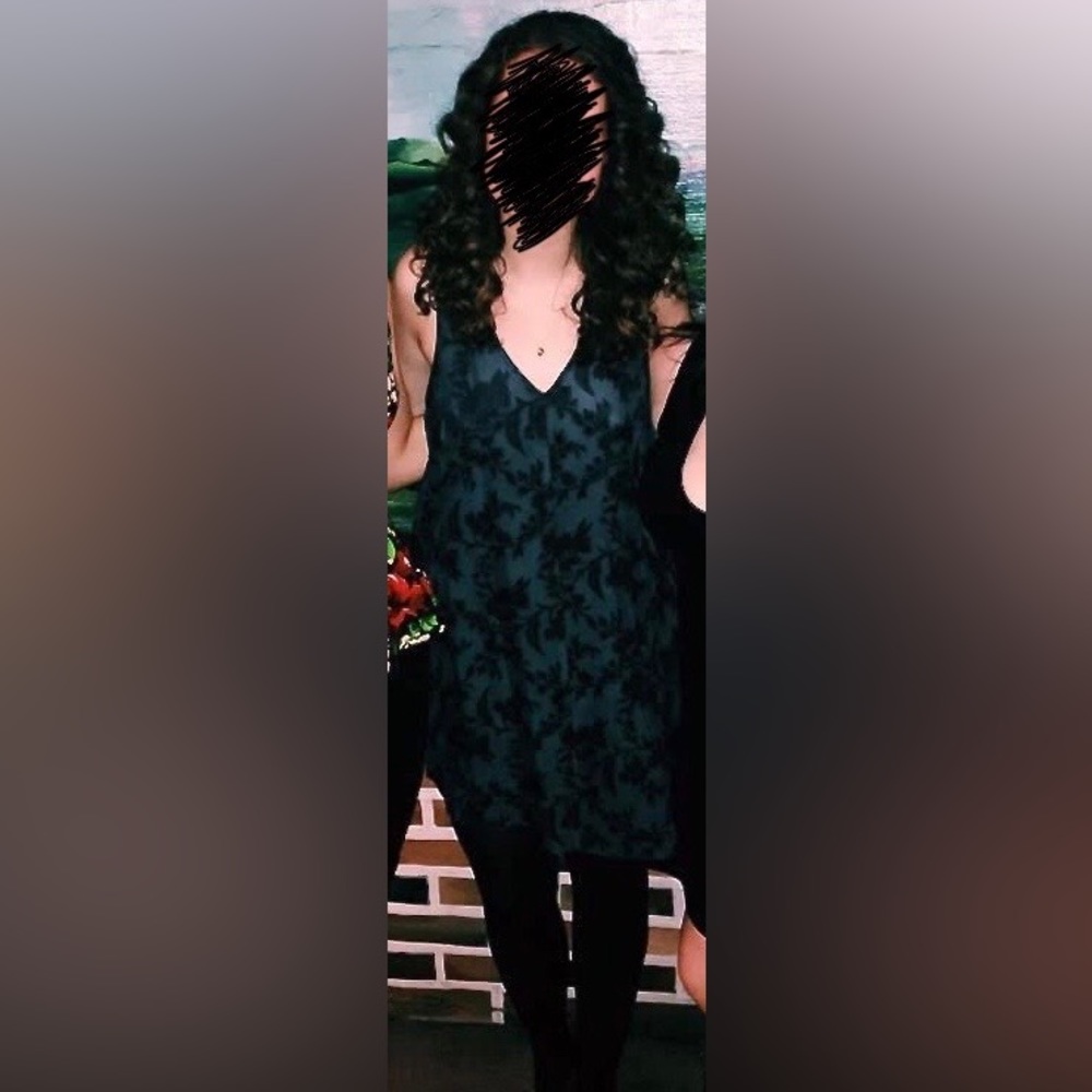 Astr Green and Black Velvet Floral Shift Dress, Size Small + Tights